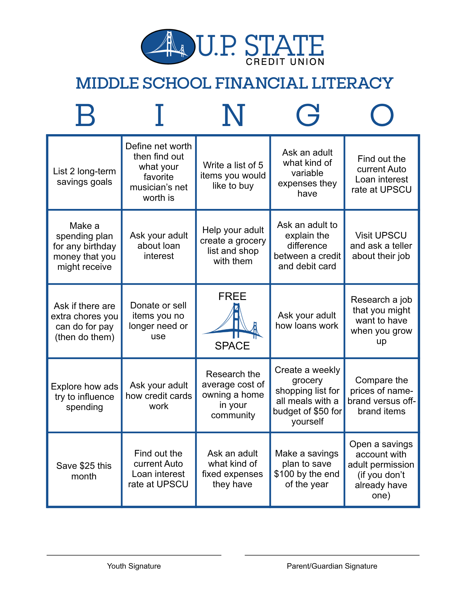 Middle School Bingo Card